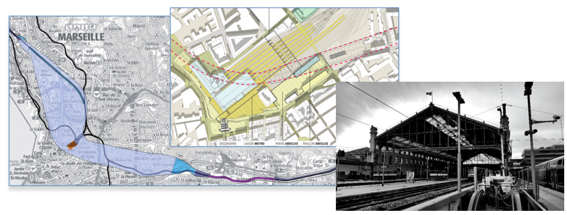 Plan de la zone et photo d'une gare